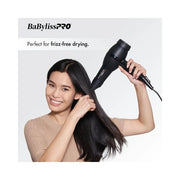 A woman with long dark hair uses a black BaBylissPRO hair dryer against her hair, with the BaBylissPRO logo and the text 'Perfect for frizz-free drying.' at the top on a light gray background.
