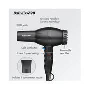 Black BaBylissPRO hair dryer shown on a light gray background with callout labels pointing to features such as 2000 watts, ceramic technology, cold shot button, 6 heat/speed settings, and removable rear filter. A small inset shows the included concentrator nozzle.
