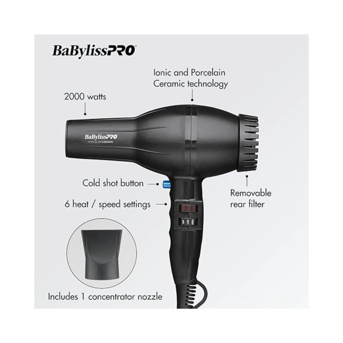 BaBylissPRO Porcelain Ceramic 2800 Dryer | 2000W Ionic Dryer — Vip