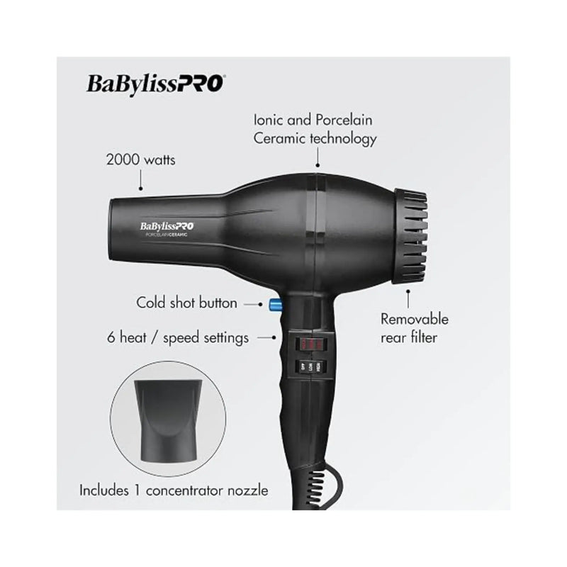 Black BaBylissPRO hair dryer shown on a light gray background with callout labels pointing to features such as 2000 watts, ceramic technology, cold shot button, 6 heat/speed settings, and removable rear filter. A small inset shows the included concentrator nozzle.
