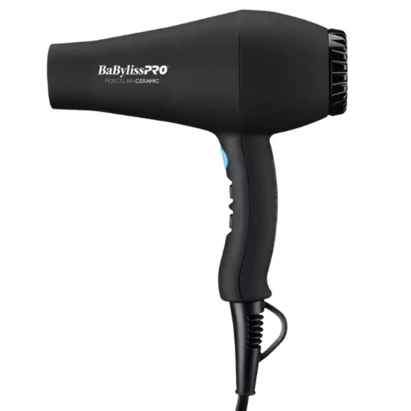 Black BaBylissPRO hair dryer on a white background