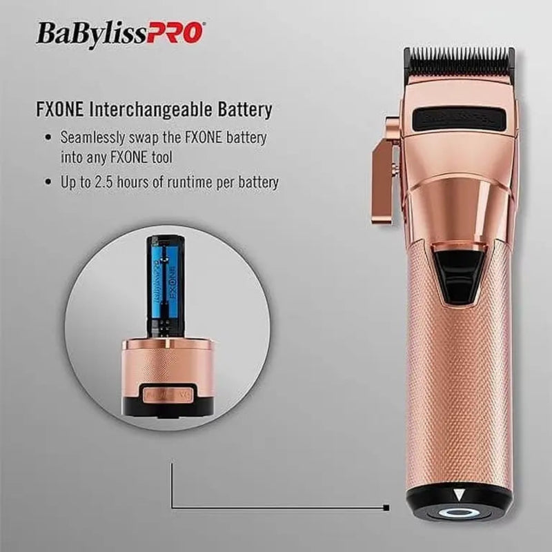 BaBylissPRO FXONE Interchangeable Battery shown on a light gray background, with the cordless trimmer attachment displayed alongside a circular inset of the battery and product text describing seamless battery swapping and up to 2.5 hours of runtime.