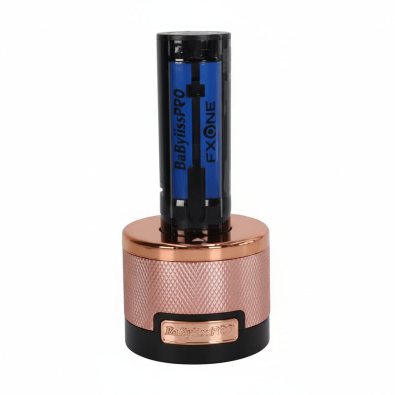 A single EXONE B881 HS PRO rechargeable lithium-ion battery standing upright in a metallic rose gold and black cylindrical charging dock or battery holder, isolated on a white background.