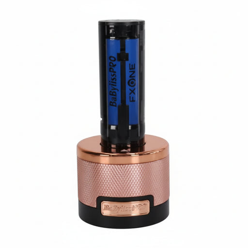 A single EXONE B881 HS PRO rechargeable lithium-ion battery standing upright in a metallic rose gold and black cylindrical charging dock or battery holder, isolated on a white background.