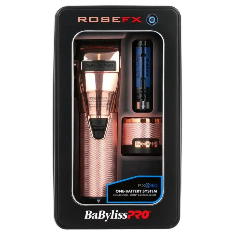 Rose gold hair trimmer set with packaging featuring BabylissPro branding on a white background.