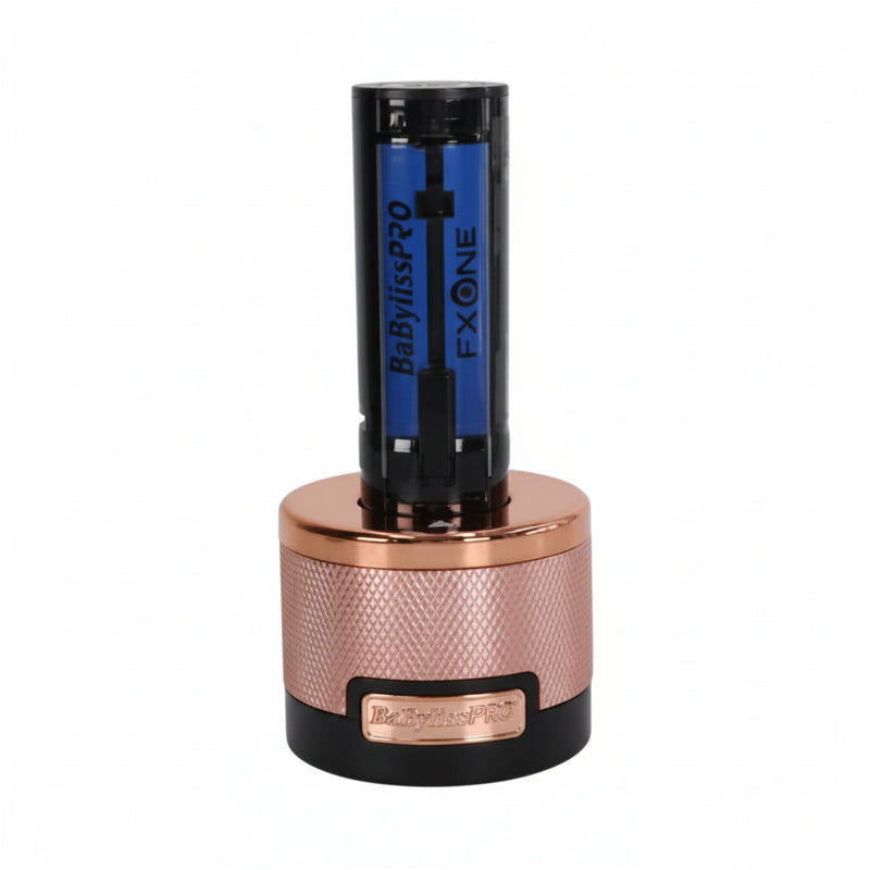 A single EXONE B881 HS PRO rechargeable lithium-ion battery standing upright in a metallic rose gold and black cylindrical charging dock or battery holder, isolated on a white background.