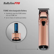 BaBylissPRO FXONE interchangeable battery in rose gold, shown alongside its charging base and a circular inset highlighting the battery inside the tool. The image includes descriptive text on a light gray background.