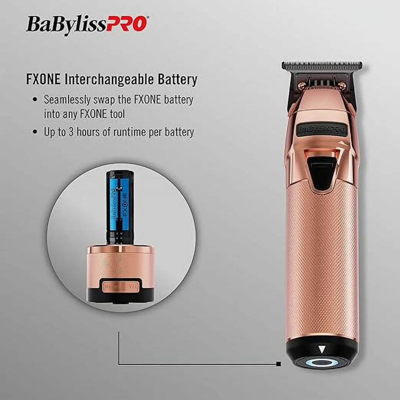 BaBylissPRO FXONE interchangeable battery in rose gold, shown alongside its charging base and a circular inset highlighting the battery inside the tool. The image includes descriptive text on a light gray background.