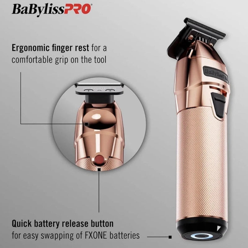BaBylissPRO FXONE interchangeable battery in rose gold, shown alongside its charging base and a circular inset highlighting the battery inside the tool. The image includes descriptive text on a light gray background.