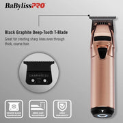 BaBylissPRO FXONE interchangeable battery in rose gold, shown alongside its charging base and a circular inset highlighting the battery inside the tool. The image includes descriptive text on a light gray background.