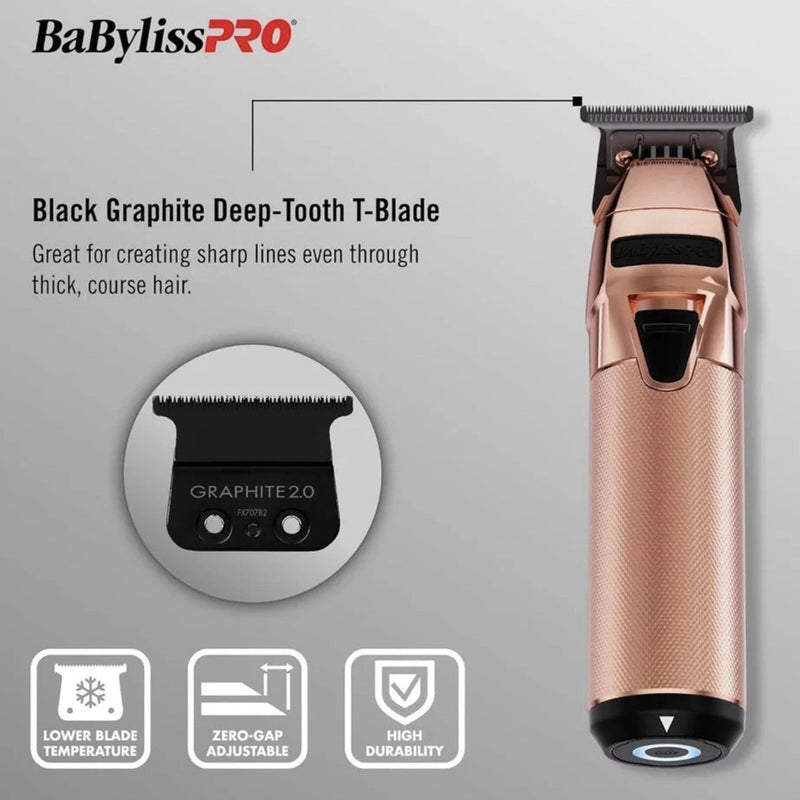 BaBylissPRO FXONE interchangeable battery in rose gold, shown alongside its charging base and a circular inset highlighting the battery inside the tool. The image includes descriptive text on a light gray background.