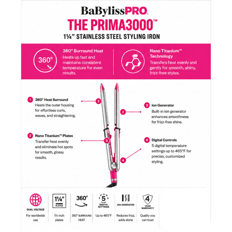 BaBylissPRO® The Prima3000™ 1 1/4" Stainless Steel Styling Iron (Fuchsia) aspects