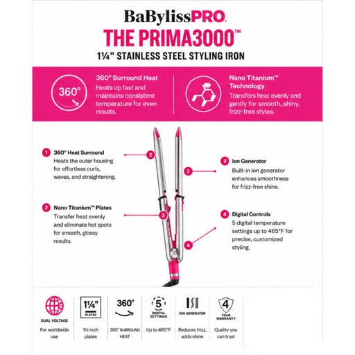 BaBylissPRO® The Prima3000™ 1 1/4" Stainless Steel Styling Iron (Fuchsia) aspects