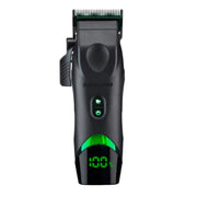 Black hair clipper with green display on a white background