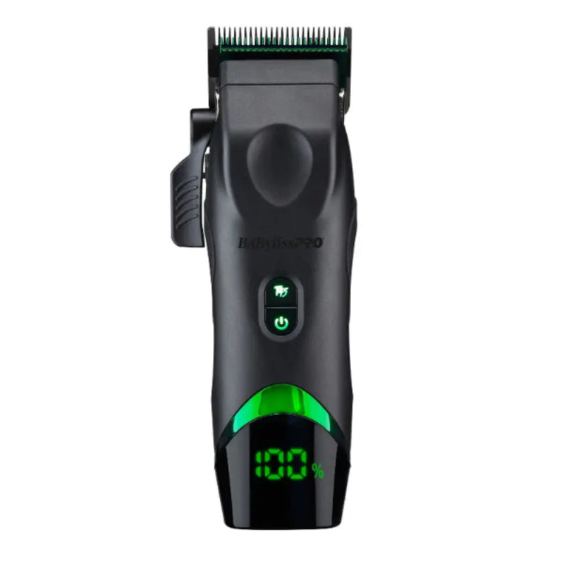 Black hair clipper with green display on a white background