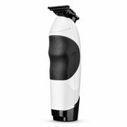 A white and black cordless personal grooming trimmer with a four-blade cutting head, shown from a side profile on a clean white background.