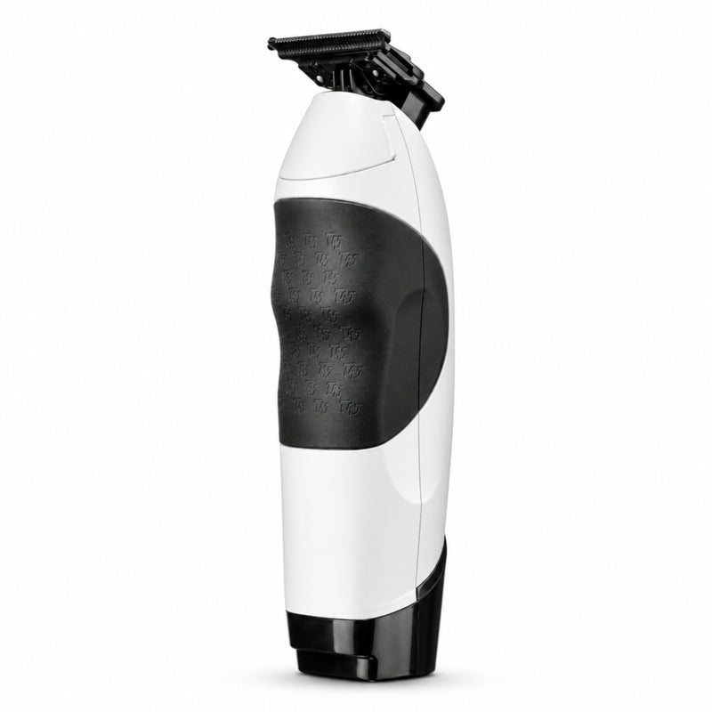 A white and black cordless personal grooming trimmer with a four-blade cutting head, shown from a side profile on a clean white background.