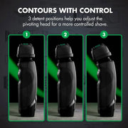 A promotional graphic showing a black electric shaving device in three different angled positions, labeled 1, 2, and 3, under the heading 'CONTOURS WITH CONTROL' with explanatory text about detent positions.