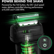 Black DS1 dual-speed electric shaver with green illuminated blade and glowing motor details on a black background, plus marketing text and a circular T45 button inset.