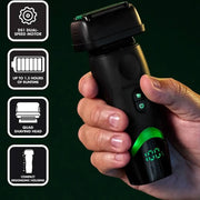 A hand holding a black Babylite dual-speed electric shaver with green illuminated accents, set against a dark green background with four feature callout icons on the left.