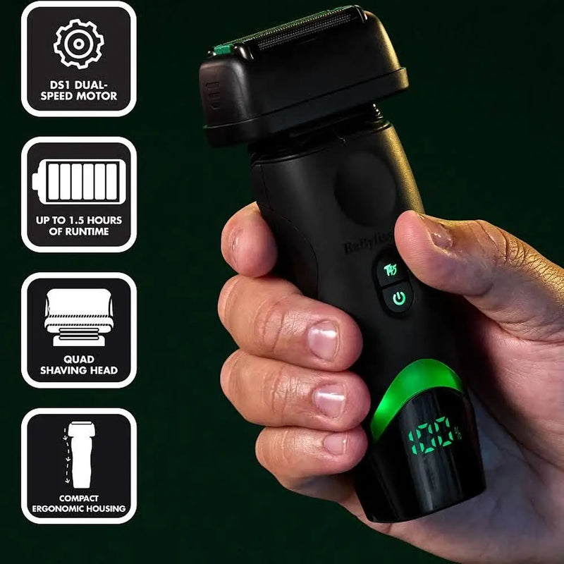 A hand holding a black Babylite dual-speed electric shaver with green illuminated accents, set against a dark green background with four feature callout icons on the left.