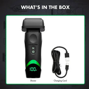 Box contents graphic showing a black electric shaver with a green illuminated display and a black USB charging cable on a white panel, with the heading 'WHAT'S IN THE BOX'.
