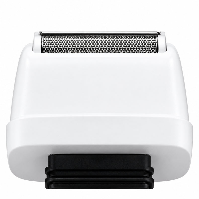 Close-up of a white electric shaver head with a black trim and metallic cutting blades, shown against a white background.