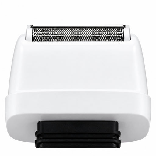 Close-up of a white electric shaver head with a black trim and metallic cutting blades, shown against a white background.