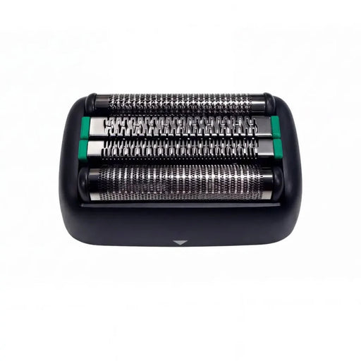 A close-up of a black electric shaver head showing three rows of metallic cutting and shaving blades with small green accent pieces, set against a plain white background.