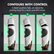 A promotional graphic showing a white and dark gray shaving head in three different pivot positions labeled 1, 2, and 3, with the headline 'CONTOURS WITH CONTROL' and explanatory text about adjusting the pivoting head for a more controlled shave.