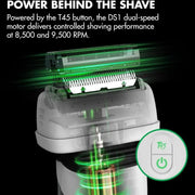 A close-up of a white electric shaver with a transparent top showing the inner blade mechanism and green light effects. Text on a black background reads 'POWER BEHIND THE SHAVE' and describes T45 button power and RPM.
