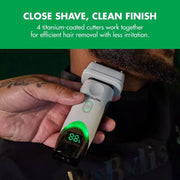 A close-up of a hand holding a white and black electric beard trimmer against a person's beard, with a green text banner at the top reading 'CLOSE SHAVE, CLEAN FINISH' and additional product feature copy.