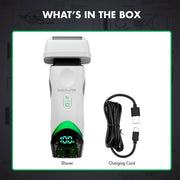 Babylics Pro electric shaver shown with a black USB charging cable on a white card labeled 'WHAT'S IN THE BOX', with the words 'Shaver' and 'Charging Cord' underneath.