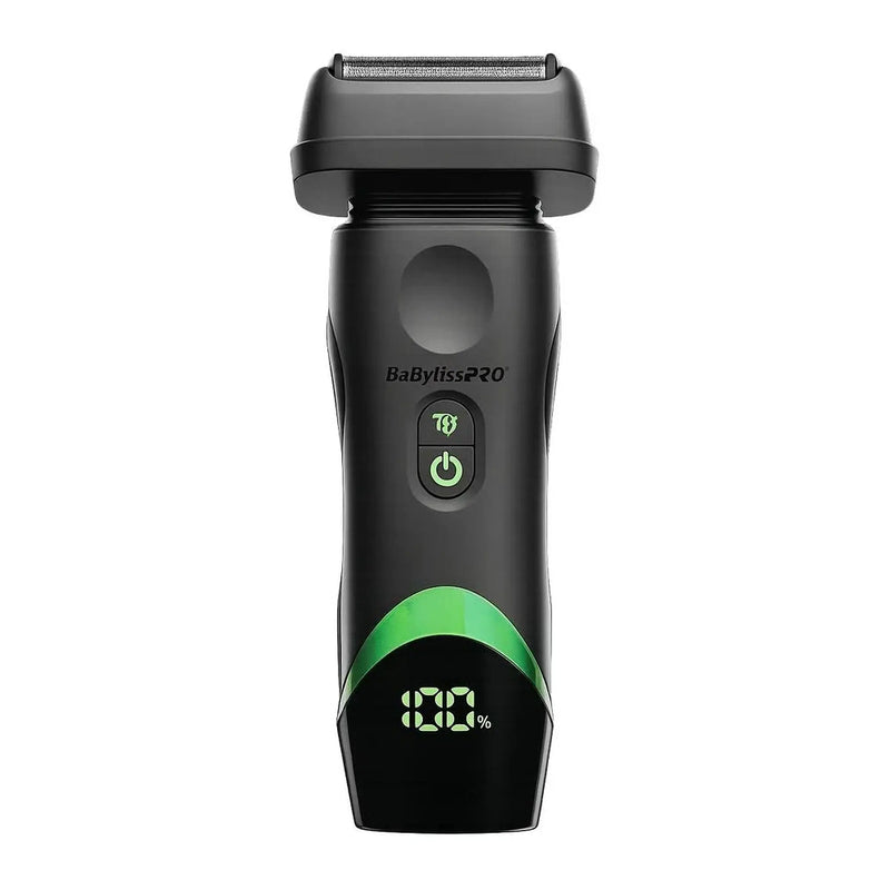BaBylissPRO 20 electric shaver in black with green accents and a digital display showing 100% charge, on a white background.