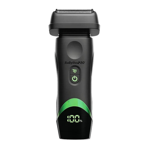 BaBylissPRO 20 electric shaver in black with green accents and a digital display showing 100% charge, on a white background.