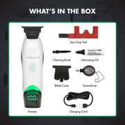 A boxed product contents graphic showing a BabylissPRO trimmer and several included accessories with labels: Zero-Gap Tool, Cleaning Brush, Lubricating Oil, Blade Cover, Screwdriver, and Charging Cord. The main subject is the trimmer, with surrounding accessories arranged on a white panel over a dark gray background.