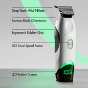 A white and black Babyliss Pro electric hair clipper with green LED battery display, shown with text callouts highlighting features like Deep-Tooth MIM T-Blade, Reverse Blade Orientation, Ergonomic Rubber Grip, DS1 Dual-Speed Motor, and LED Battery Screen.