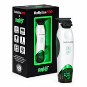 BaBylissPRO x Real AG Haircutters set, featuring a white and green handheld electric clipper with a digital display next to its black retail packaging box.