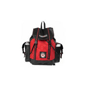 Red and black backpack with Barber Geeks logo on a white background
