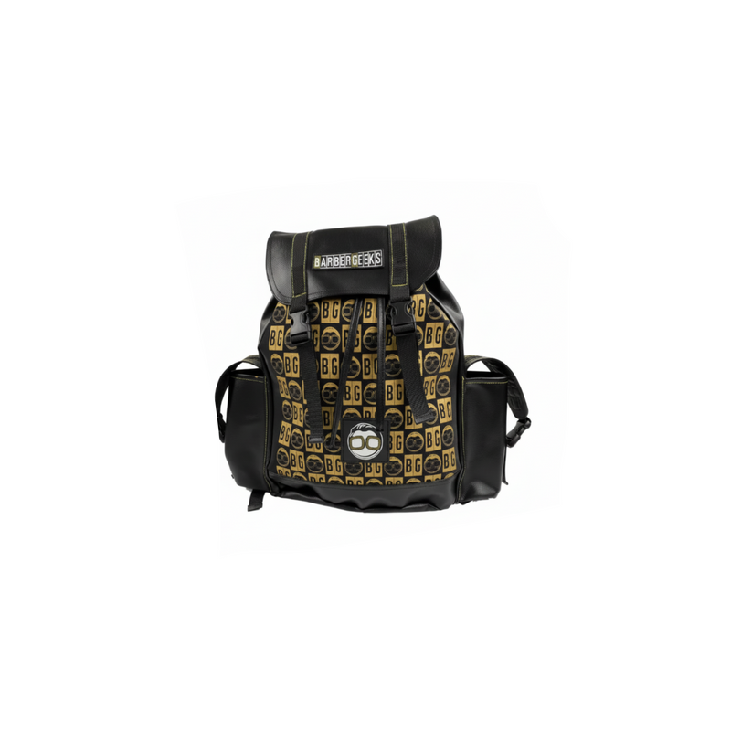 Black backpack with gold pattern and 'Barber Geeks' branding on a white background