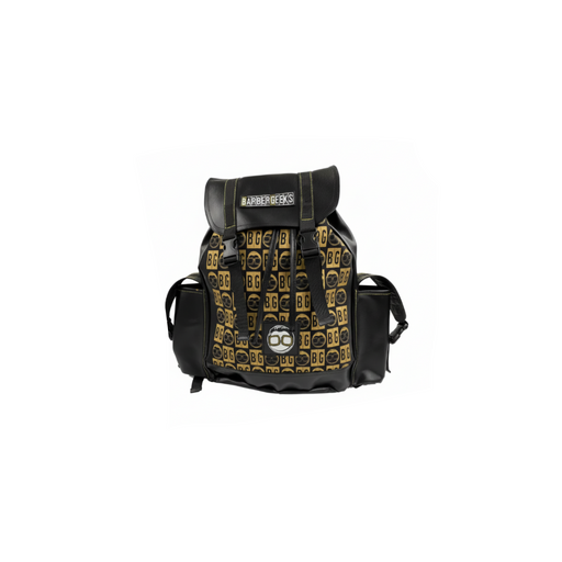 Black backpack with gold pattern and 'Barber Geeks' branding on a white background
