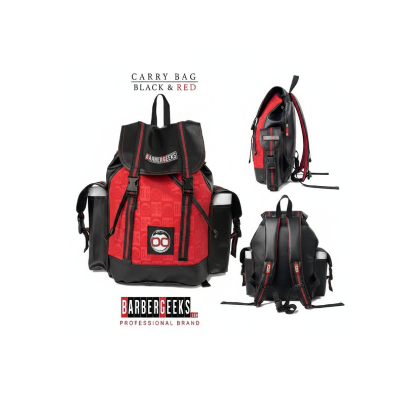 Red and black barber tools bag with BarberGeeks branding on a white background