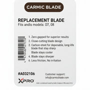 Carmic blade packaging with gold titanium fixed blade on a white background
