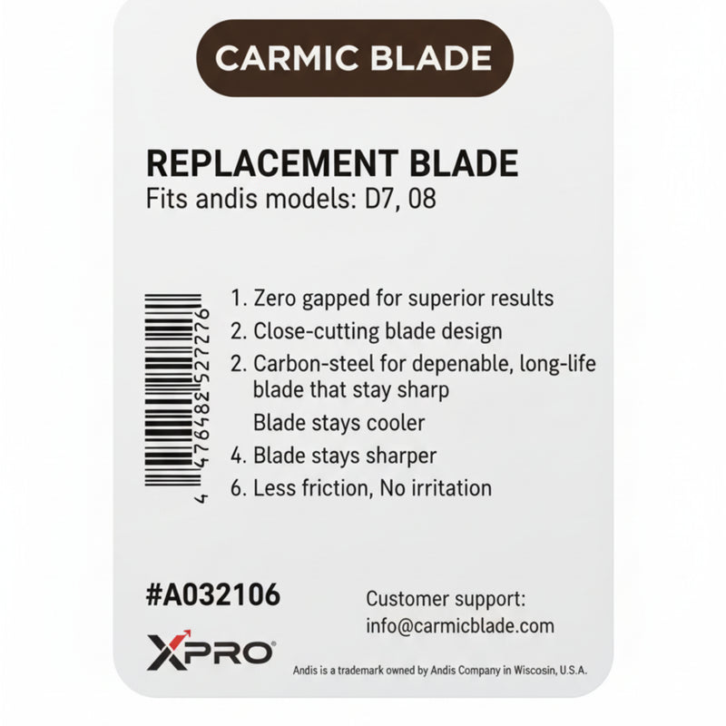 Carmic blade packaging with gold titanium fixed blade on a white background