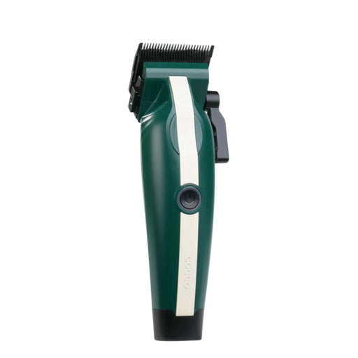 Cocco Veloce Lite green clipper front view with power button, cordless professional hair cutting tool