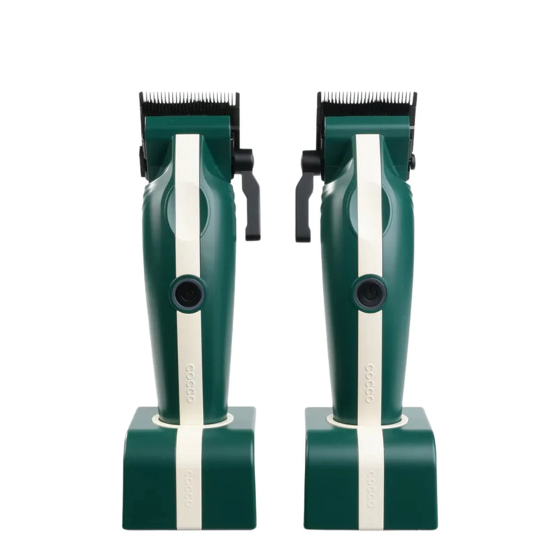 Two Cocco Veloce Lite green cordless clippers on charging stands.