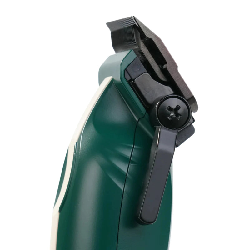 Cocco Veloce Lite green hair clipper side detail showing adjustable taper lever for precision fading