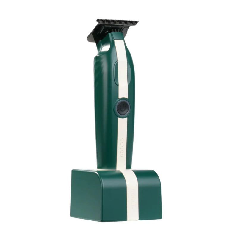 Cocco Veloce Lite green cordless trimmer with charging stand, professional barber clipper for precise grooming