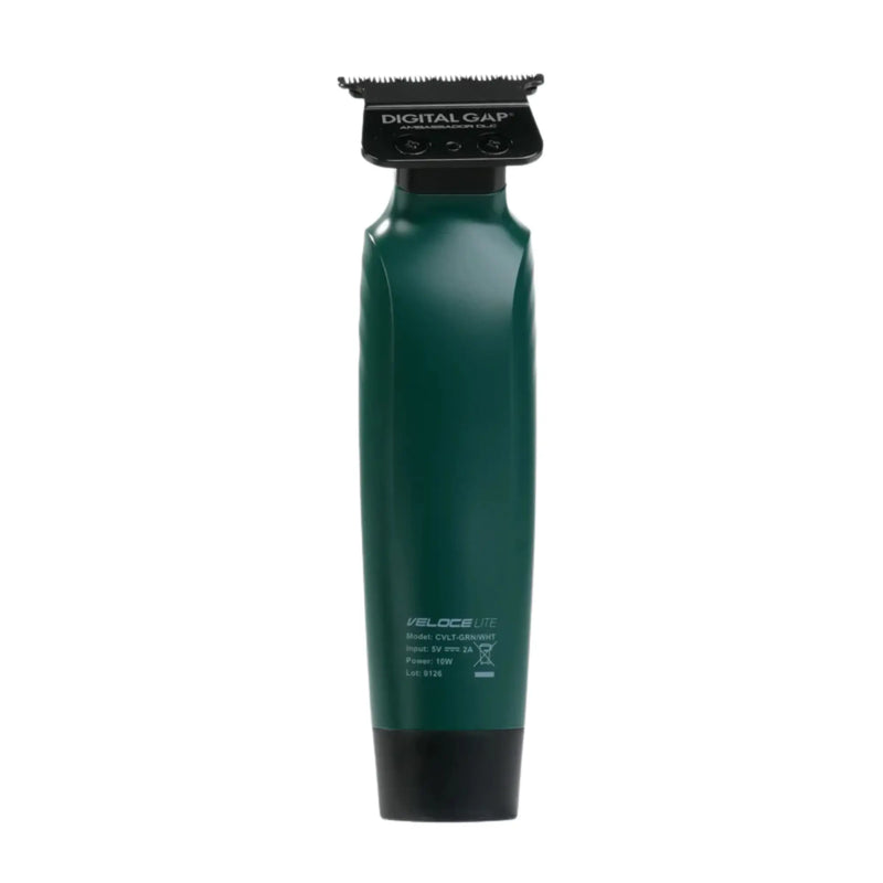 Cocco Veloce Lite cordless trimmer back view showing sleek green body and compact barber tool design