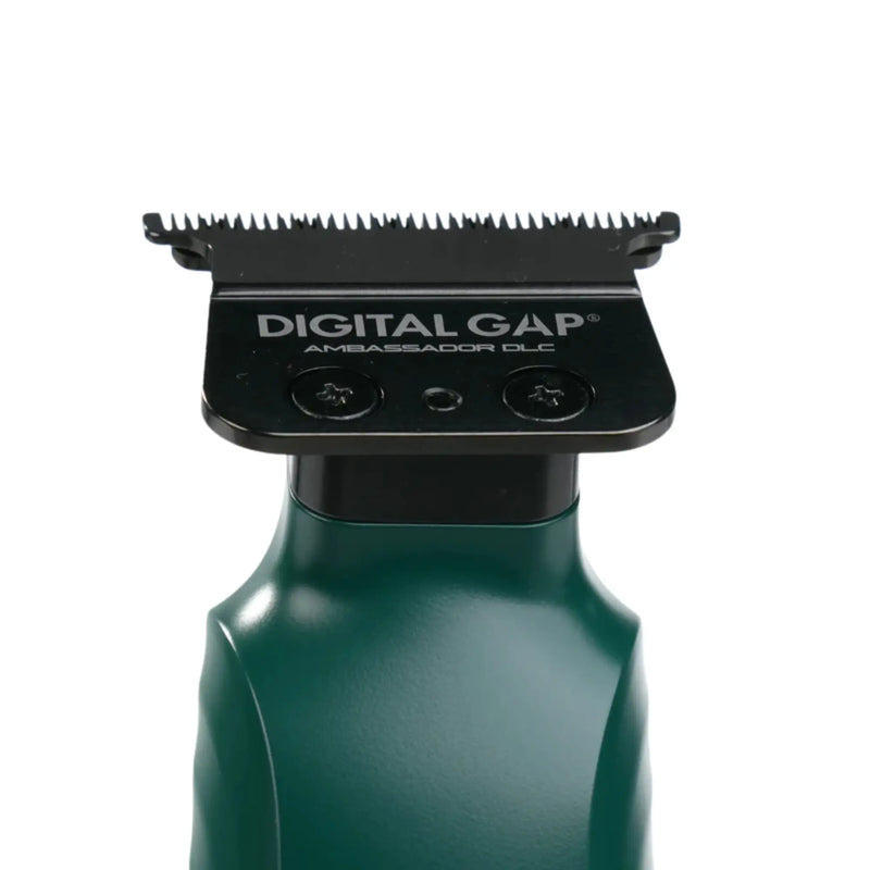 Cocco Digital Gap DLC T-blade close-up on green trimmer for sharp precision lining and detailing cuts